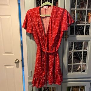 Red polka dot wrap dress